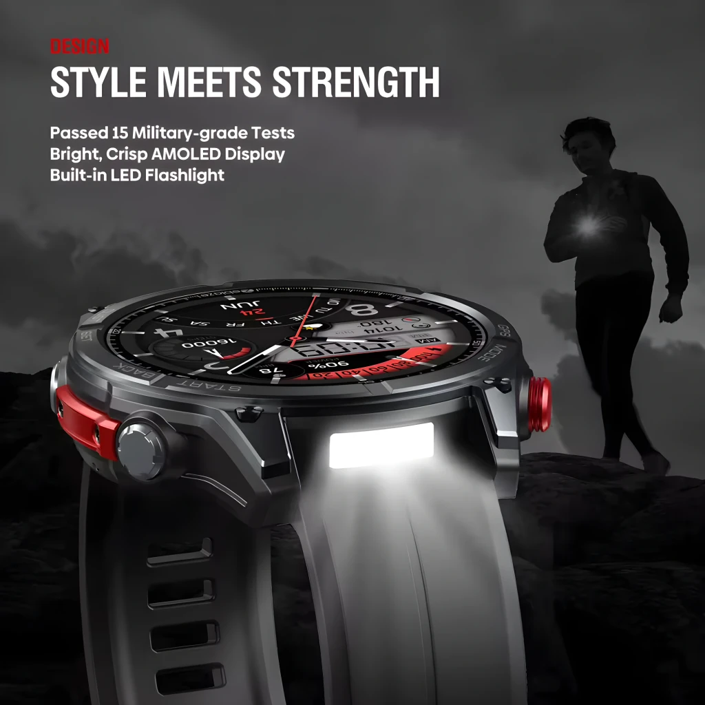 Zeblaze Stratos 4 Pro Negro con pantalla AMOLED nítida, bisel metálico, botón rojo, correa perforada y linterna LED bicolor integrada para exteriores