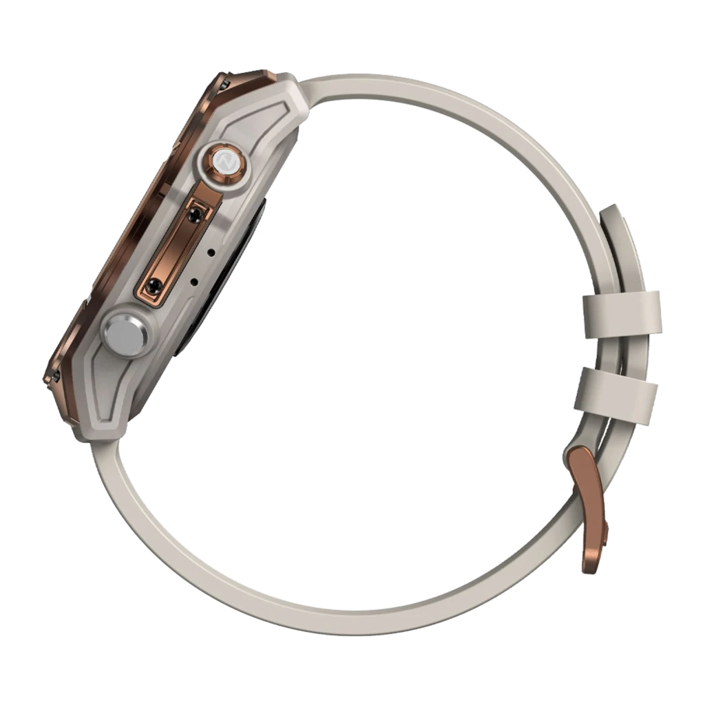 Reloj Zeblaze Stratos 4 Pro bronce con caja robusta, bisel metálico, dos botones laterales, correa beige ajustable y diseño premium deportivo