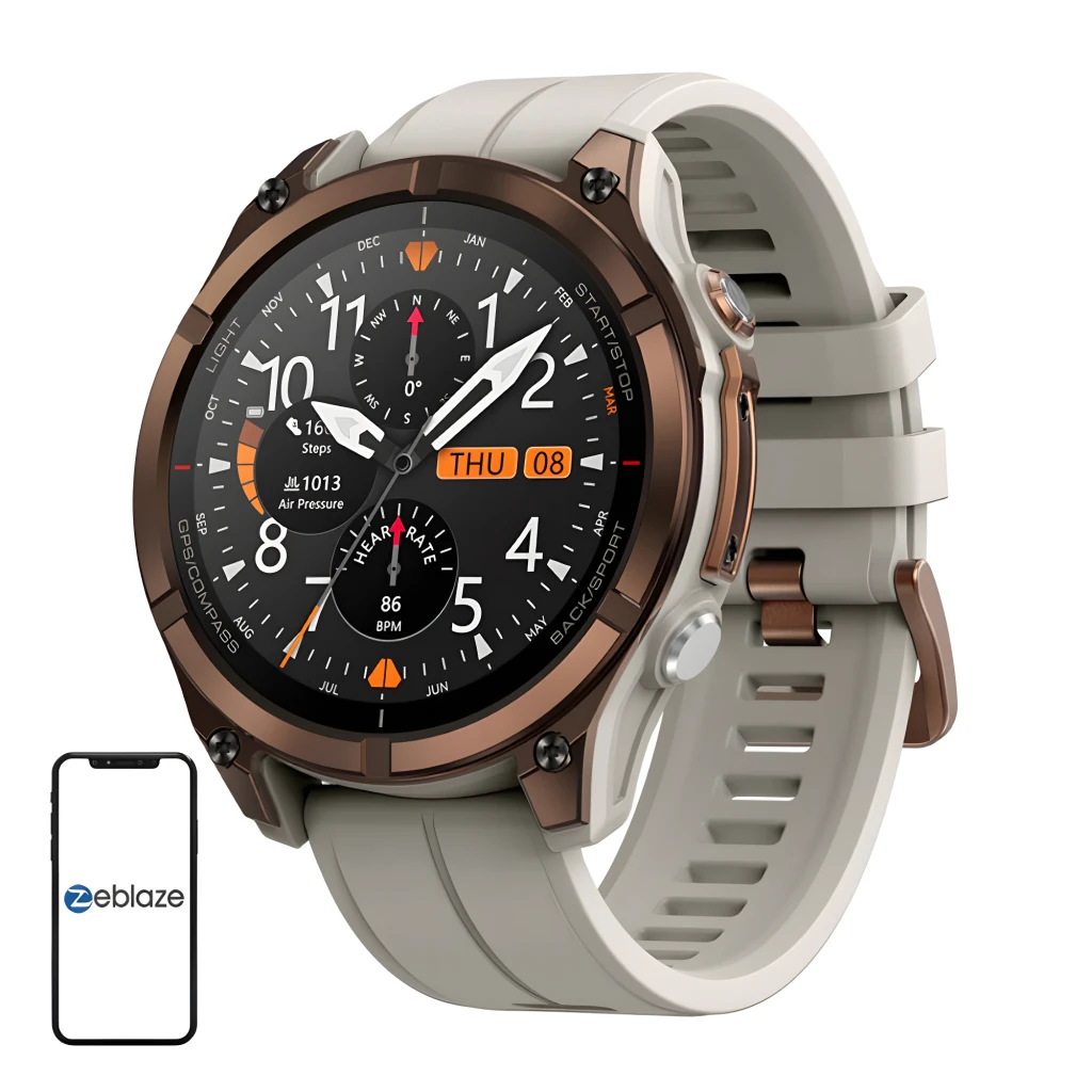 Zeblaze Stratos 4 Pro Bronce con bisel metálico, correa beige, pantalla circular con datos de salud y navegación, linterna LED bicolor y app móvil compatible