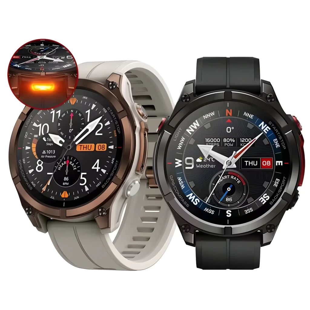 Zeblaze Stratos 4 Pro Bronce y negro, pantalla circular con esferas deportivas, bisel robusto, correa de silicona, linterna LED bicolor y mapas offline