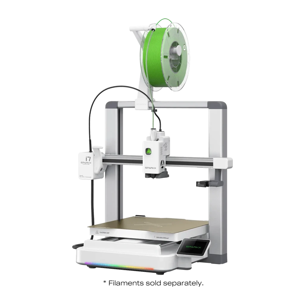 Impressora 3D Creality SPARKX i7 CFS Lite com extrusor modular, carretel verde superior, guias duplas, base metálica ampla e painel frontal com RGB