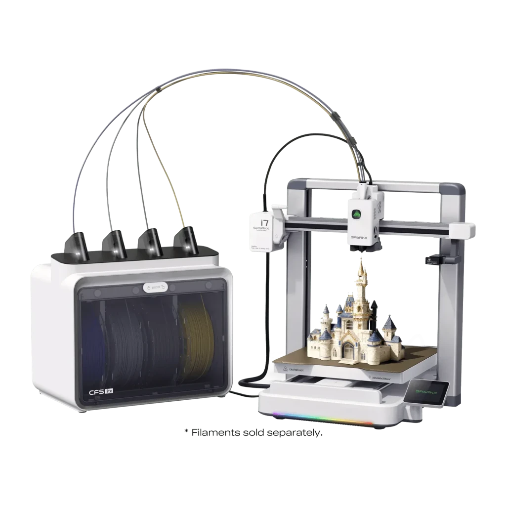 Impressora 3D Creality SPARKX i7 CFS Lite FDM, 4 cores com alimentador externo de filamentos, bocal i7 e mesa aquecida, imprime castelo em alta precisão