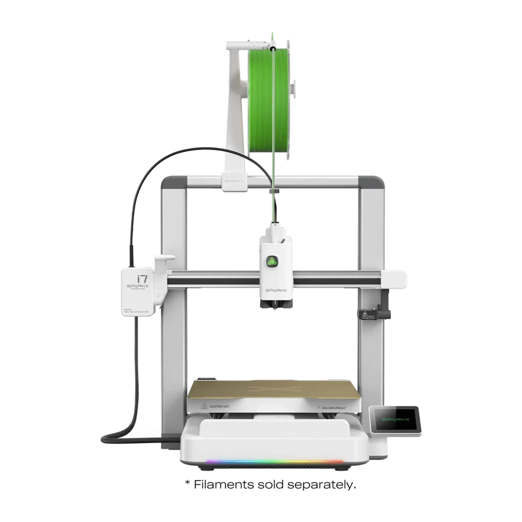 Impressora 3D Creality SPARKX i7 CFS Lite com 4 cores, extrusor central, carretel superior verde, frame metálico, visor lateral e mesa aquecida, 500 mm/s