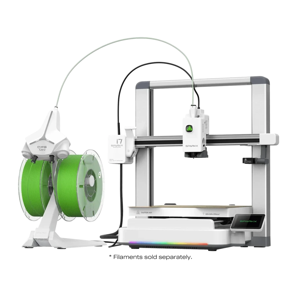 Impressora 3D Creality SPARKX i7 CFS Lite 4 Cores FDM 500mm/s com chassi metálico, extrusor central, suporte externo de filamento duplo e base iluminada