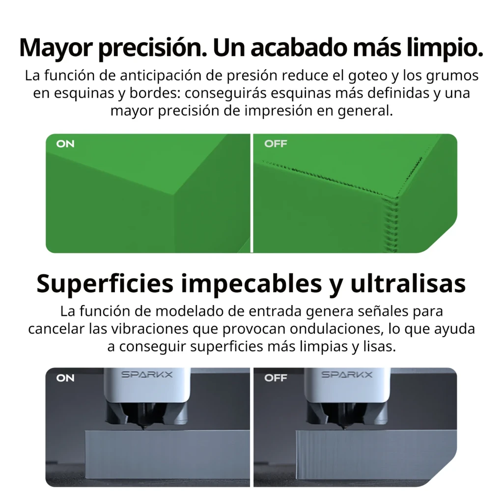 Comparativo de impressão: com SPARKX i7 CFS Lite bordas nítidas e lisas, sem gotejamento; sem recurso, cantos serrilhados. Foco em precisão e acabamento
