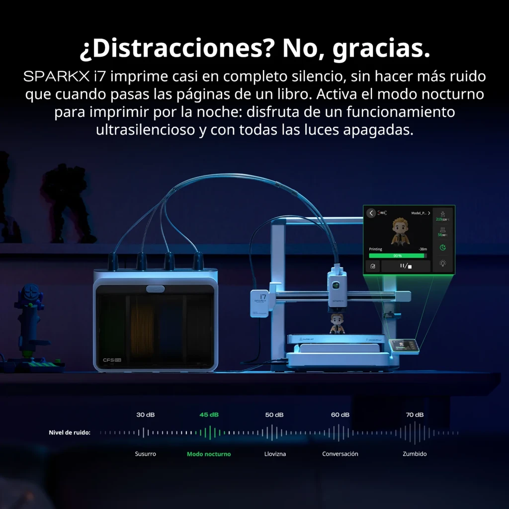 Impressora 3D Creality SPARKX i7 CFS Lite, corpo branco com módulo fechado preto, 4 cores, tela touch grande, tubos de filamento e operação silenciosa