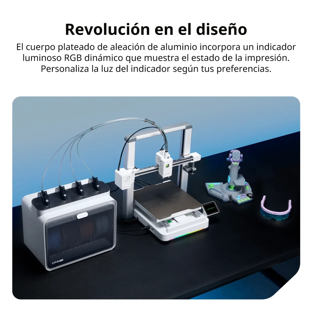Impressora 3D Creality SPARKX i7 CFS Lite 4 Cores FDM, corpo em alumínio prateado, indicador RGB dinâmico, quatro filamentos e mesa de impressão ampla