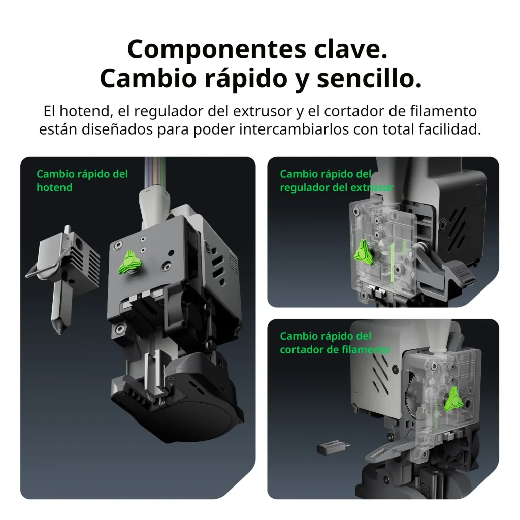 Módulos de extrusão da Impressora 3D Creality SPARKX i7 CFS Lite 4 Cores FDM: hotend, regulador e cortador com troca rápida e encaixes visíveis