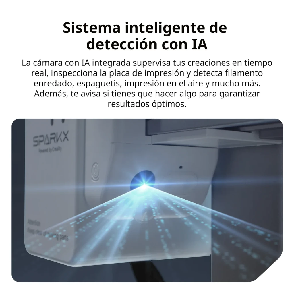 Câmera IA integrada da Impressora 3D Creality SPARKX i7 CFS Lite 4 Cores FDM com feixe azul inspecionando a área de impressão em tempo real