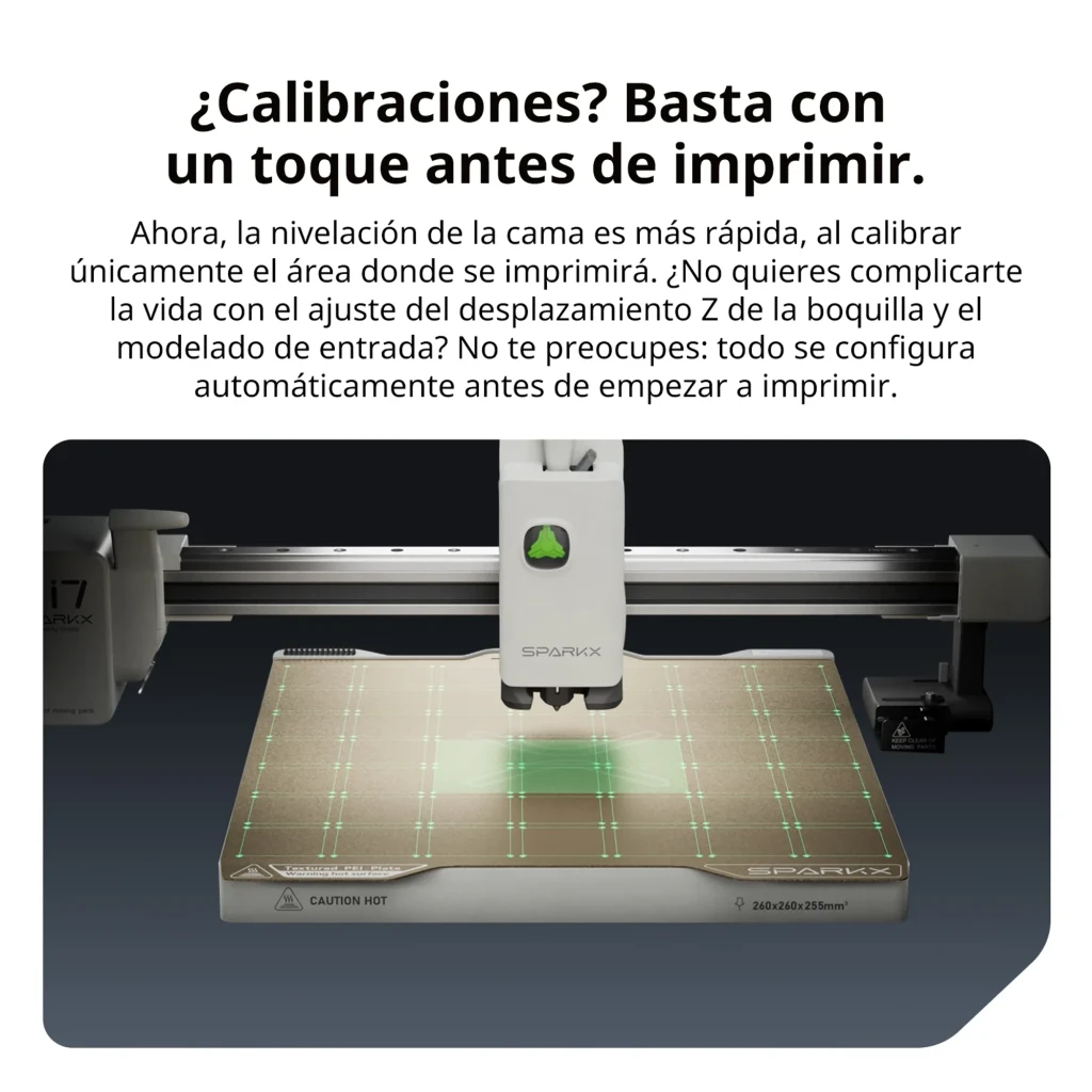 Cabeçote SPARKX i7 CFS Lite em trilho linear com sensor; mesa aquecida com grade verde para autonivelamento; estrutura metálica robusta, FDM 500 mm/s
