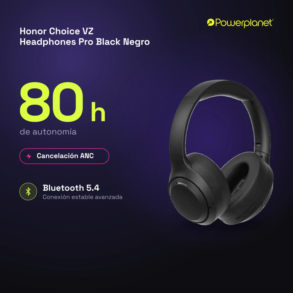 Auriculares Honor Choice VZ Headphones Pro ANC Adaptativa Diadema en color negro, diseño circumaural, 80 h de autonomía, Bluetooth 5.4 y acabado mate elegante