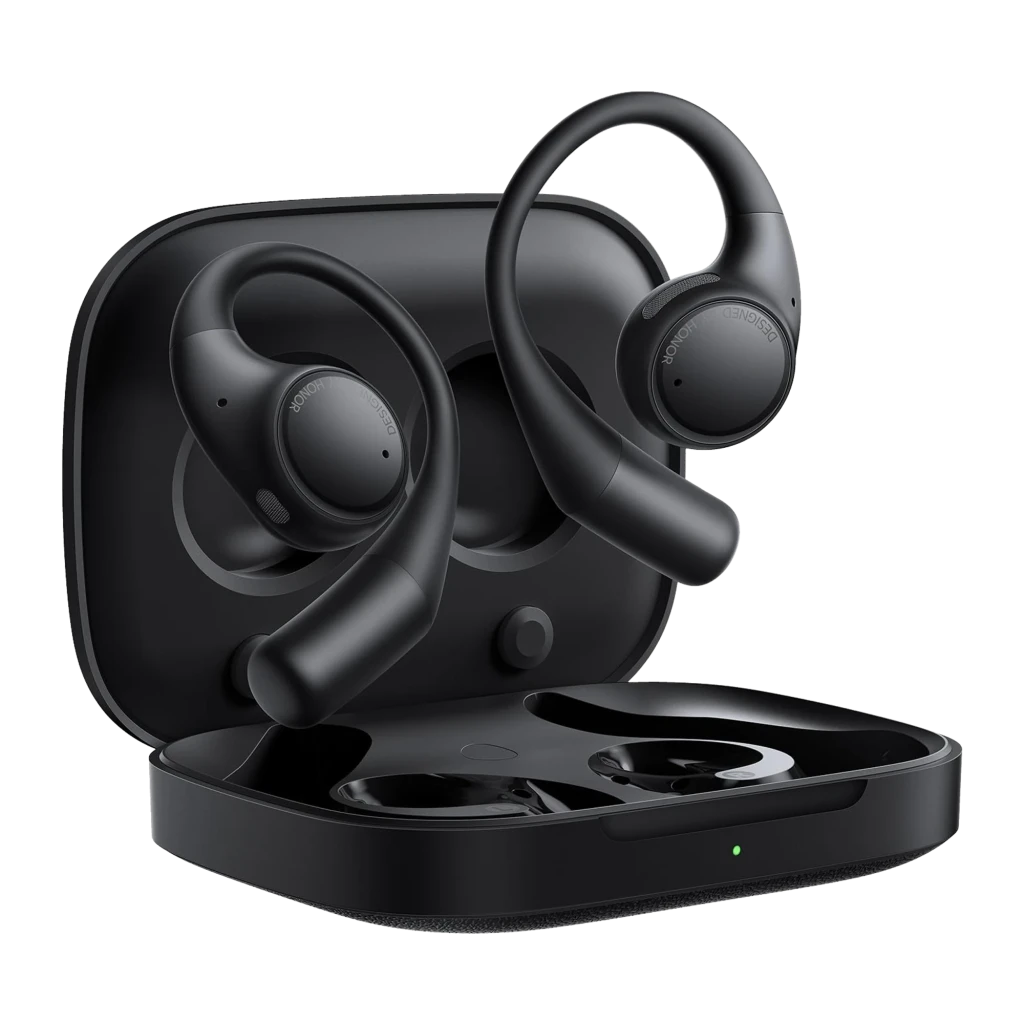 Auriculares Honor Earbuds Open Negro con diseño open-ear, ganchos ergonómicos, estuche compacto con indicador LED y micrófonos para cancelación de ruido