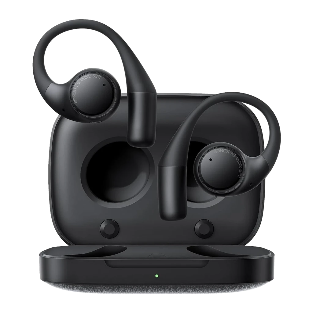 Auriculares Honor Earbuds Open Negro con diseño open-ear, ganchos ergonómicos, estuche de carga compacto y acabado mate; conectividad Bluetooth 5.2