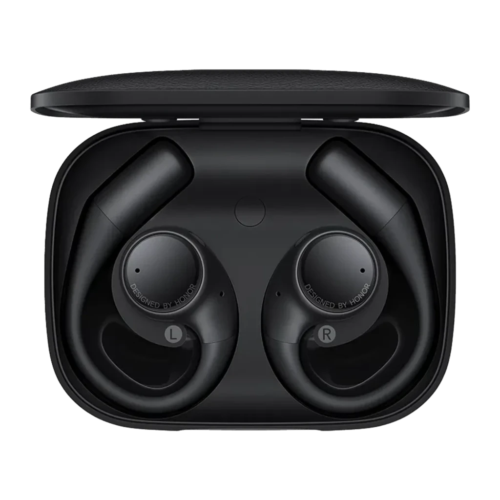 Auriculares Honor Earbuds Open negros con gancho ergonómico, diseño open-ear, estuche compacto, almohadillas suaves y puertos de micrófono para cancelación