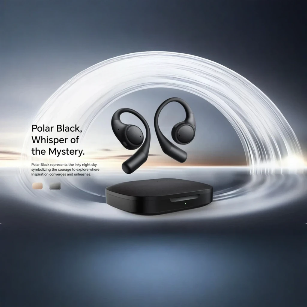 Auriculares Honor Earbuds Open negros con diseño open-ear, ganchos ajustables y estuche compacto; Bluetooth 5.2 y cancelación de ruido para uso diario