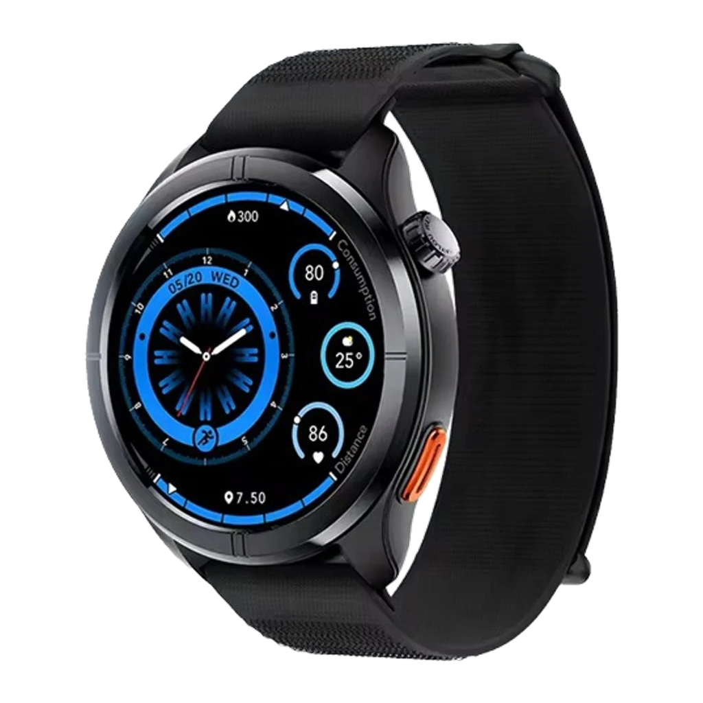Smart Watch Haylou Solar Neo 2 Negro con correa de silicona, caja redonda metálica, bisel negro, pantalla circular azul y botones laterales para llamadas