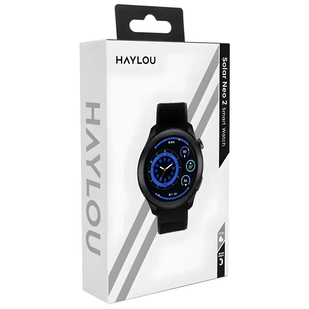 Smart Watch Haylou Solar Neo 2 Negro con caja original; reloj redondo negro, correa textil, pantalla azul con esferas múltiples y botones laterales