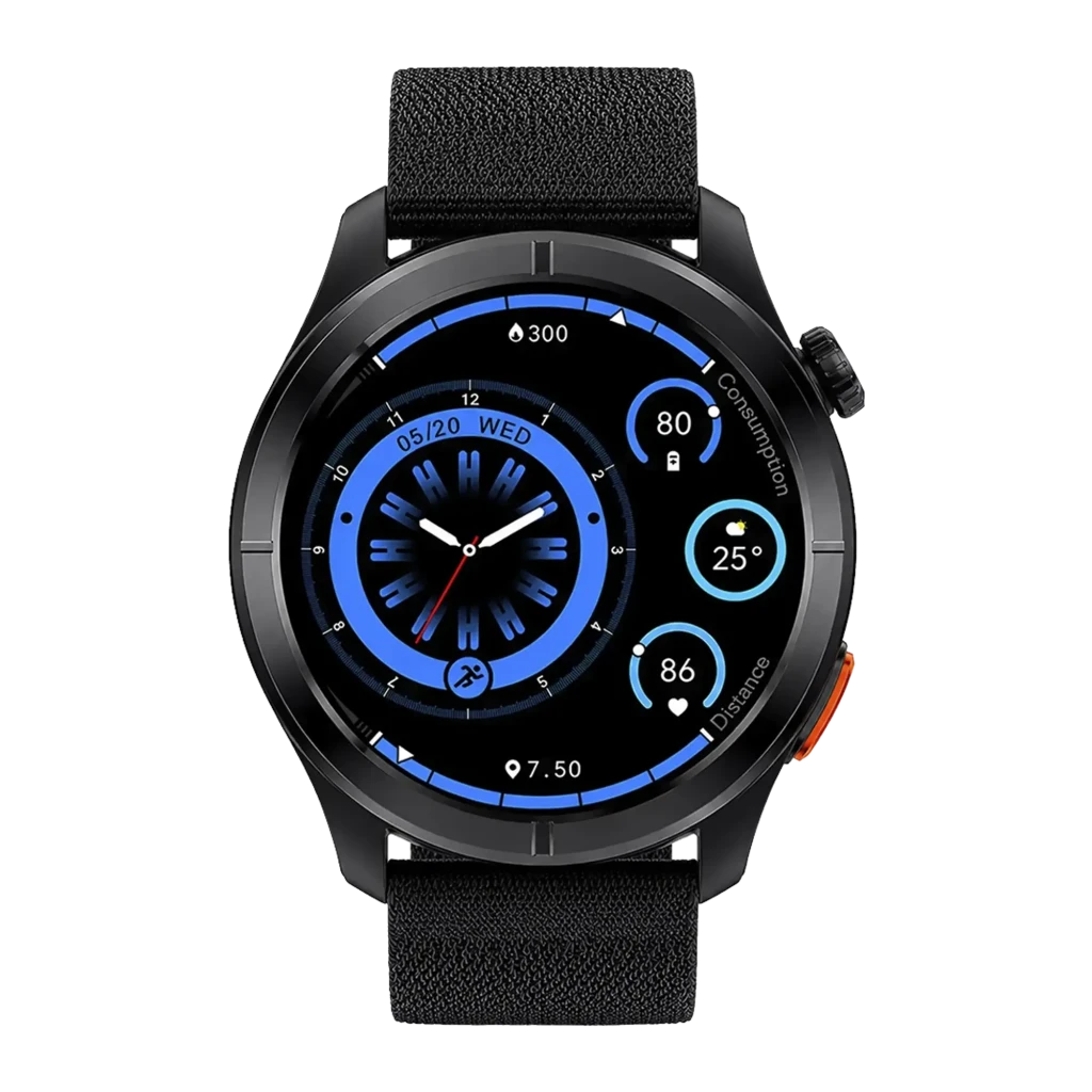 Smart Watch Haylou Solar Neo 2 Negro con pantalla circular, bisel metálico, correa texturizada y esferas azules; botón lateral y detalle naranja