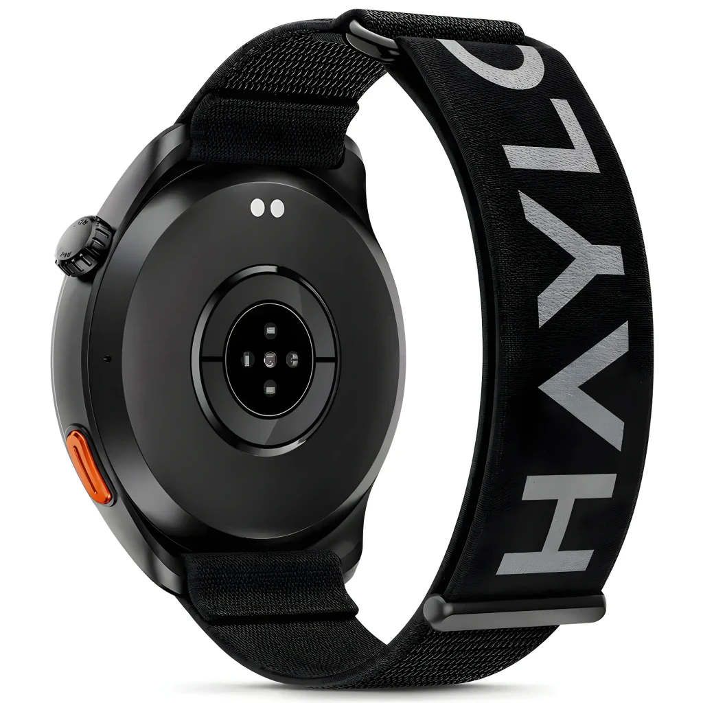 Smart Watch Haylou Solar Neo 2 Negro con correa textil negra HAYLO, sensor óptico trasero, cuerpo redondo mate y botón lateral naranja, apto para llamadas