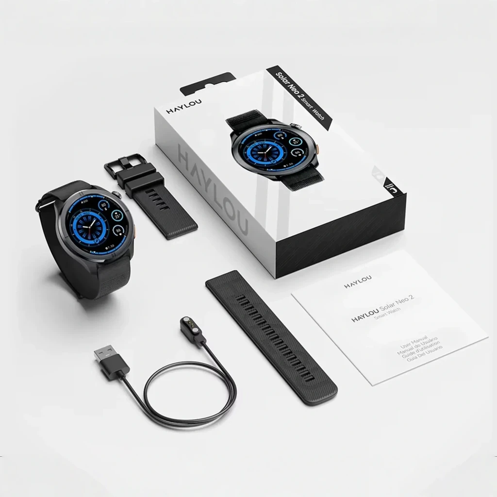 Smart Watch Haylou Solar Neo 2 Negro con pantalla circular azul, correa de silicona, repuesto de correas, cable de carga magnético y manual. Llamadas