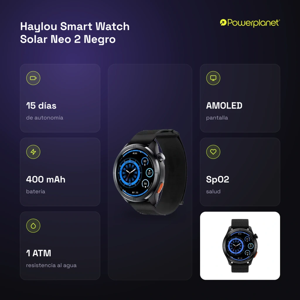 Smart Watch Haylou Solar Neo 2 Negro con pantalla AMOLED circular, correa negra, bisel metálico, esfera digital azul, micrófono lateral y botones físicos