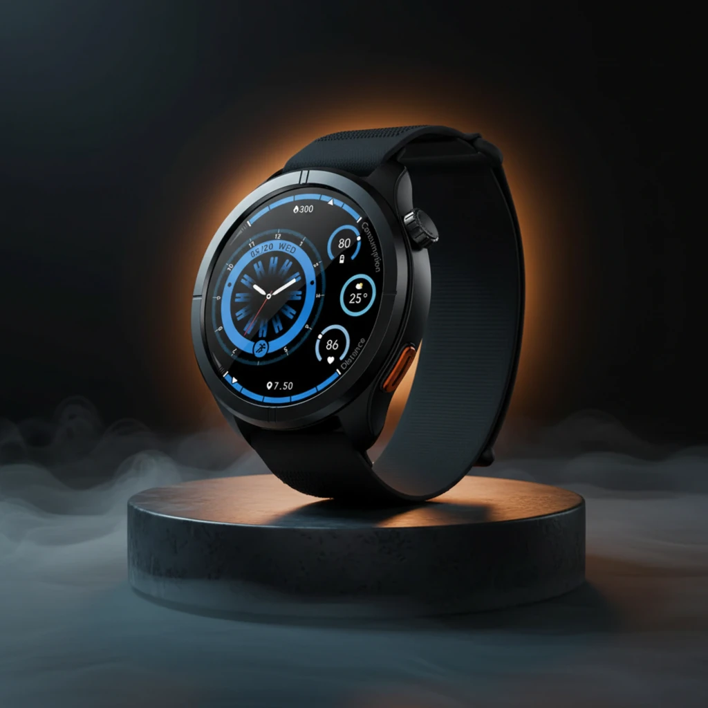 Smart Watch Haylou Solar Neo 2 Negro con pantalla circular AMOLED, bisel metálico, correa de silicona y esferas azules; soporte de llamadas Bluetooth