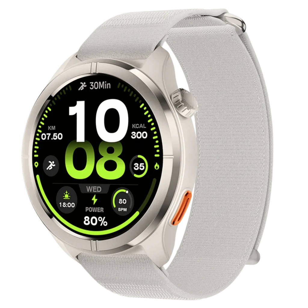 Smart Watch Haylou Solar Neo 2 Plata con caja metálica plateada, pantalla circular a color, dos botones laterales y correa textil gris; indicadores fitness