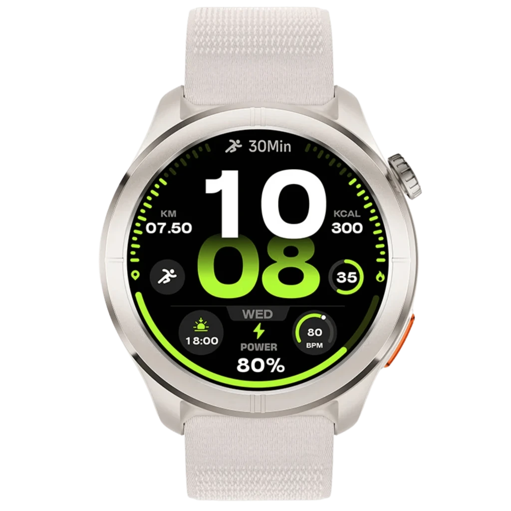 Smart Watch Haylou Solar Neo 2 Plata Llamadas Bluetooth con caja plateada, correa clara y pantalla circular AMOLED con métricas de actividad y batería 80%