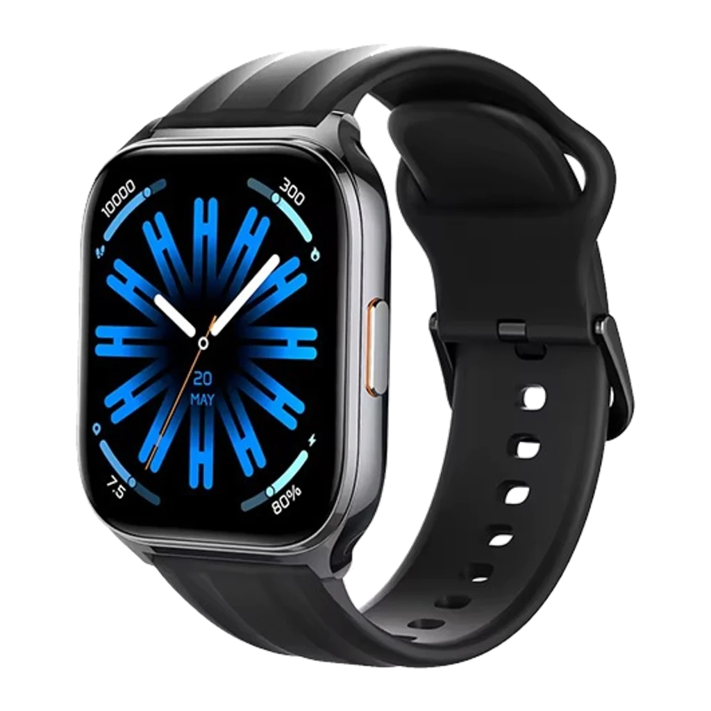 Haylou Watch 3 Negro con caja metálica y correa de silicona negra, pantalla táctil cuadrada con esfera azul, botón lateral y hebilla ajustable