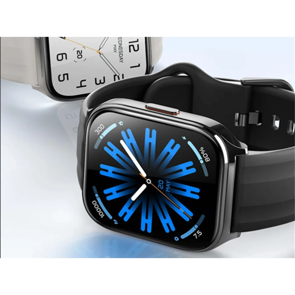 Haylou Watch 3 plata con pantalla cuadrada a color, correa de silicona negra, bordes curvos y esfera digital; compatible con llamadas Bluetooth y monitoreo 24h