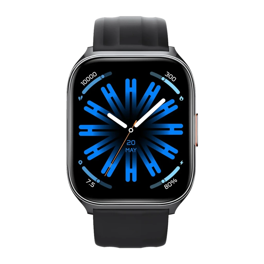 Haylou Watch 3 Negro con pantalla táctil rectangular, correa de silicona negra y esfera azul futurista; bordes metálicos y diseño deportivo elegante