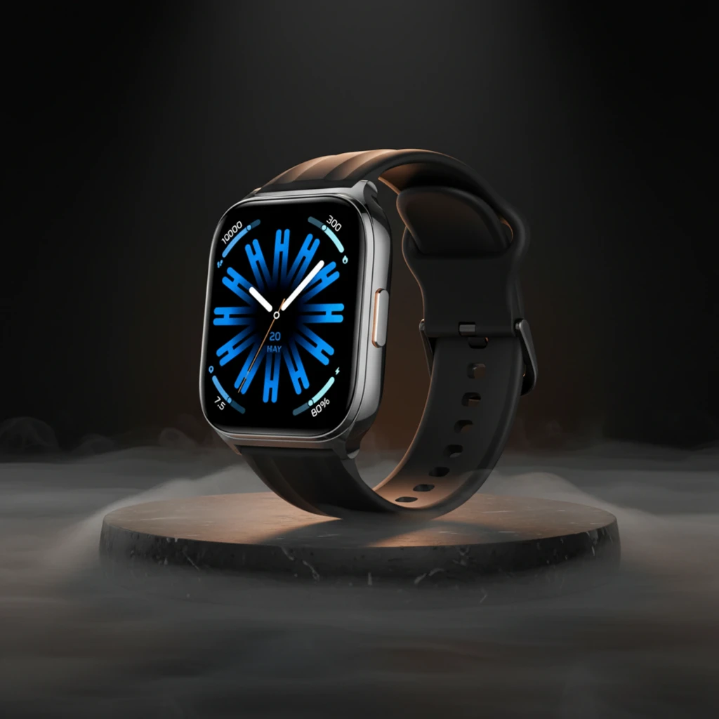 Haylou Watch 3 negro con caja metálica, pantalla rectangular curvada, correa de silicona negra y botón lateral; esfera azul luminosa de alto contraste