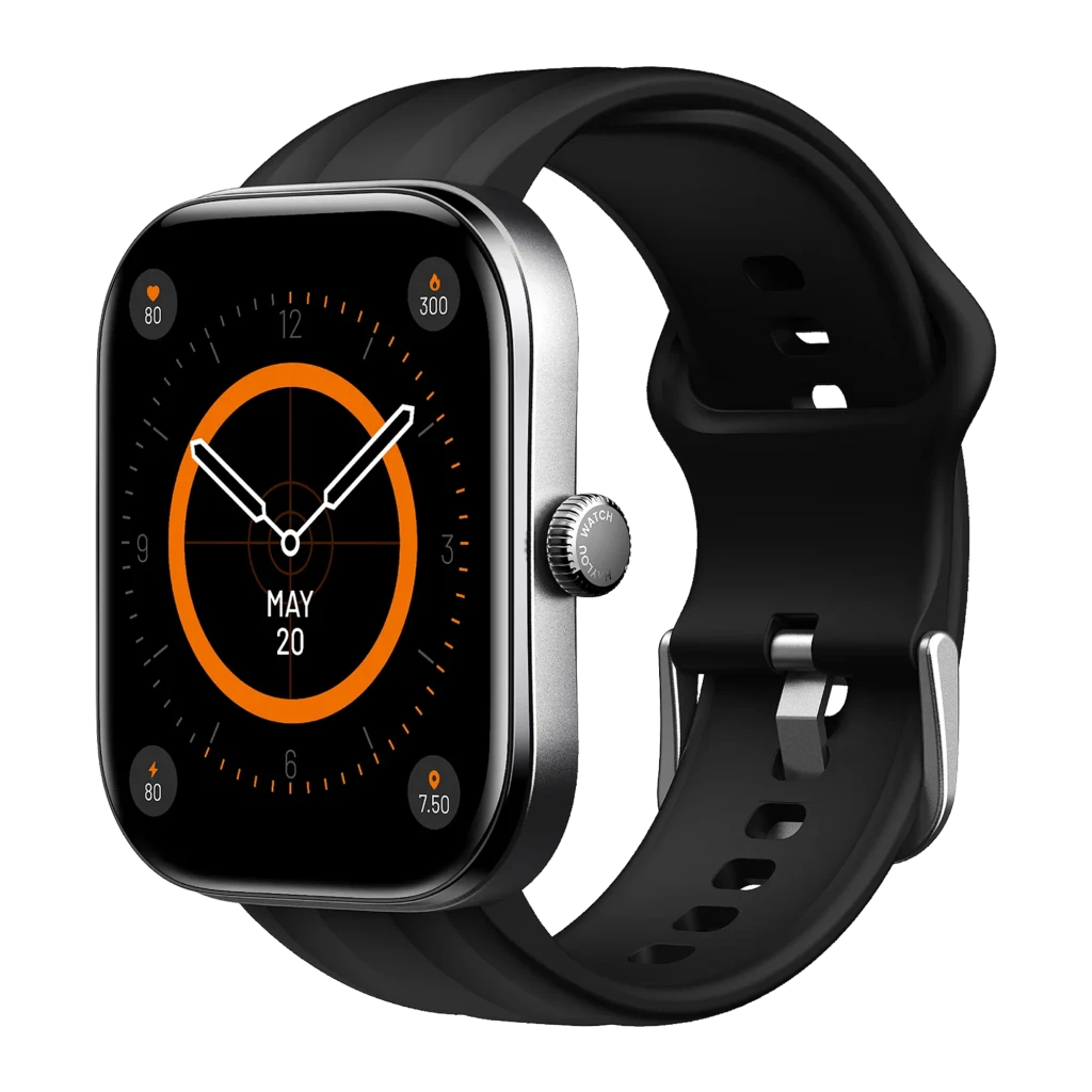 Reloj inteligente negro con caja metálica rectangular, pantalla a color con esfera naranja, corona lateral y correa de silicona ajustable con hebilla plateada