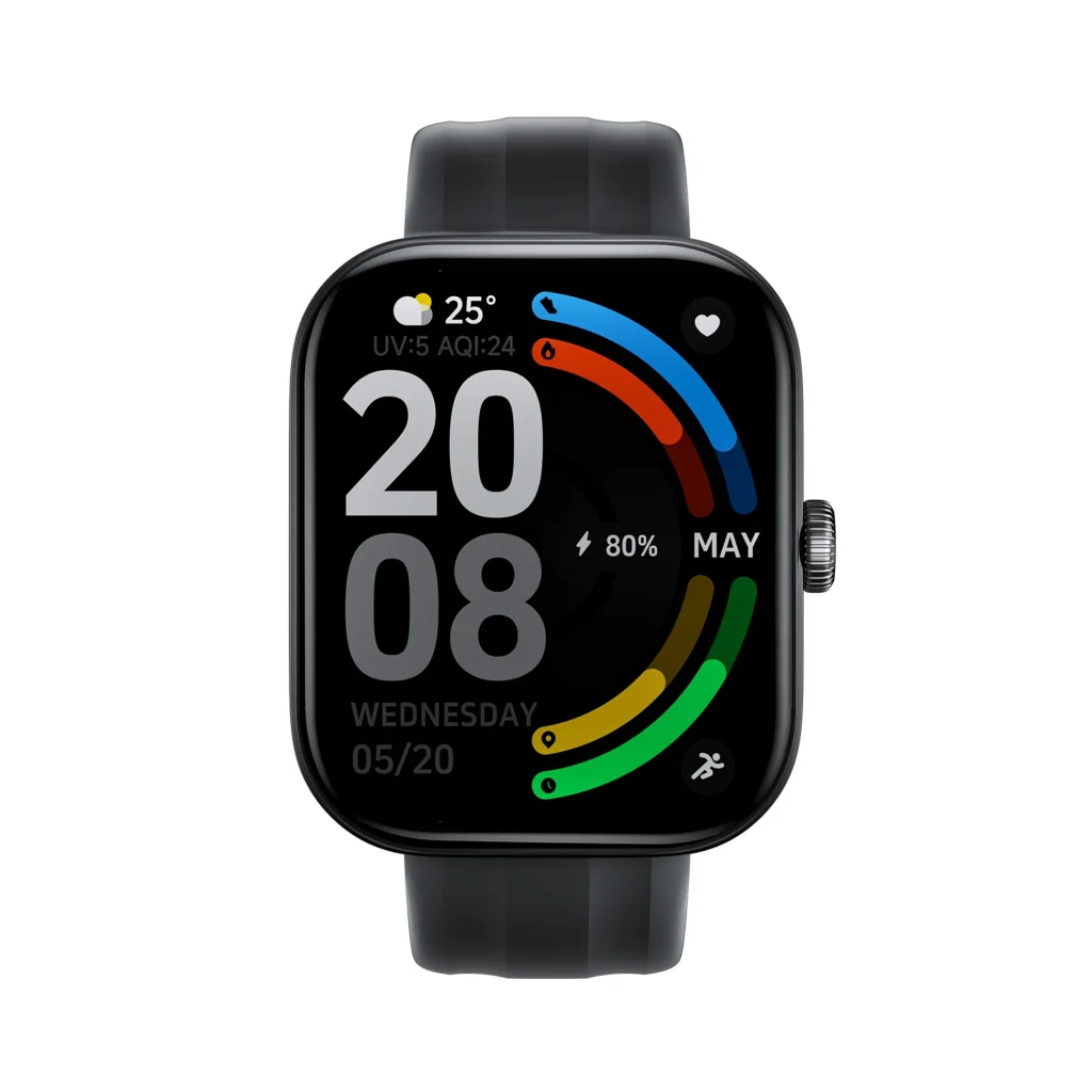 Haylou Watch Faro Negro con pantalla rectangular, correa negra, esfera digital grande, indicadores de salud y actividad a color, botón lateral y nivel de