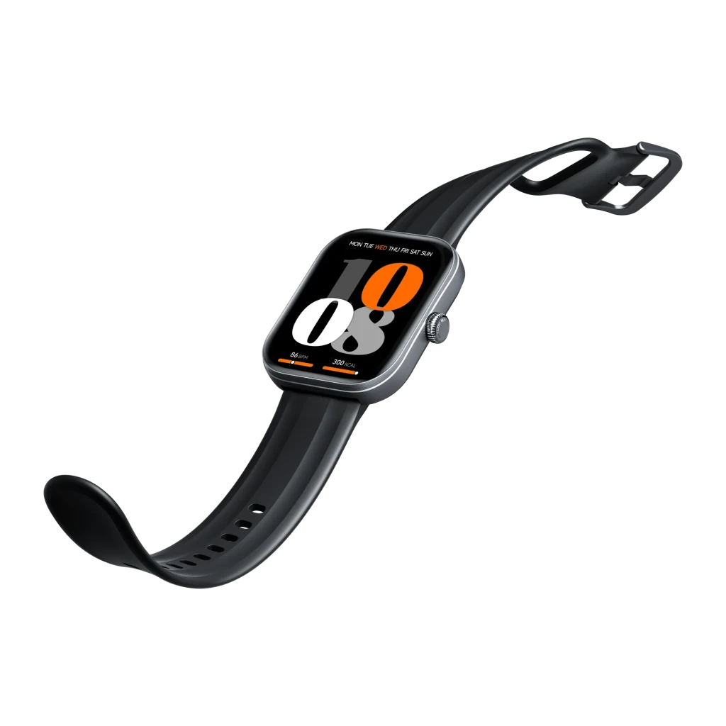 Reloj inteligente negro con caja rectangular, pantalla a color con números grandes, correa de silicona ajustable y botones laterales estilizados