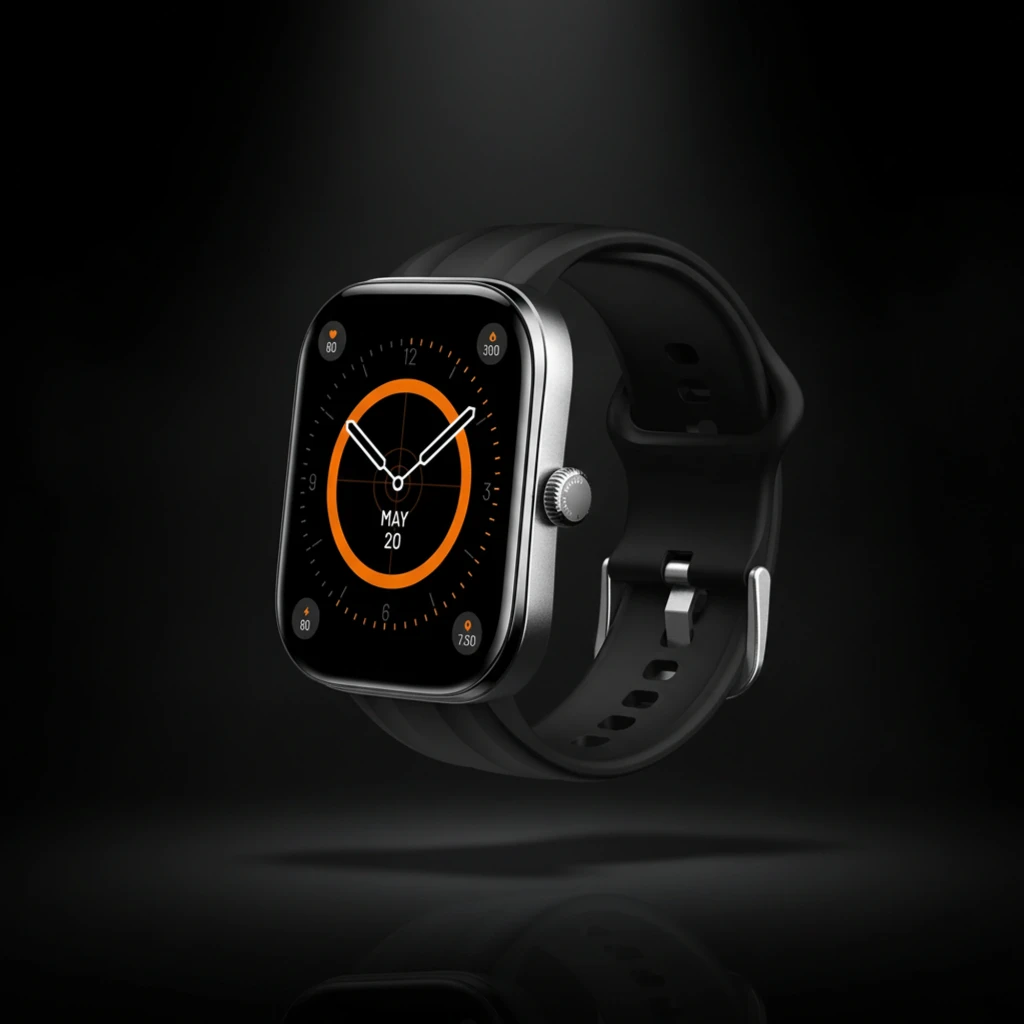 Haylou Watch Faro Negro con caja metálica rectangular, correa de silicona negra y pantalla a color con esfera naranja, corona lateral y hebilla resistente