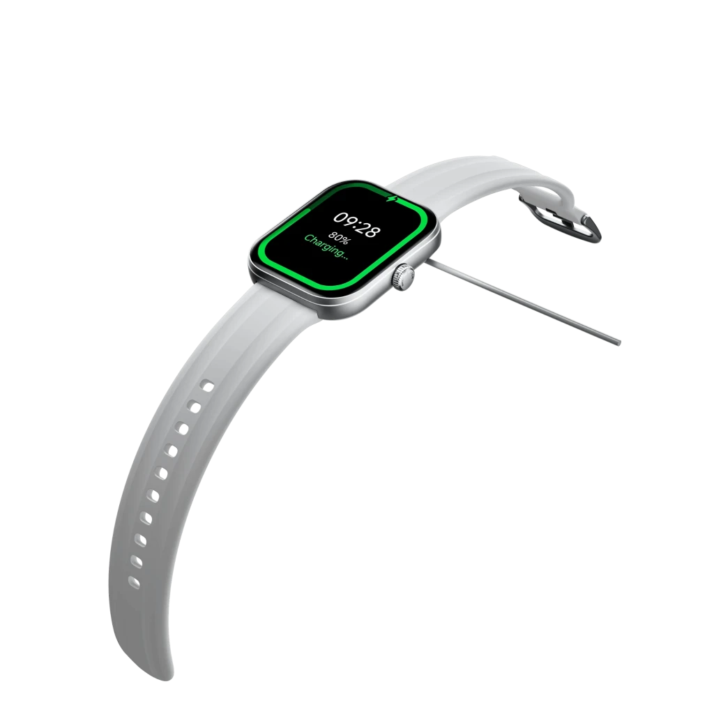 Haylou Watch Faro Plata con correa blanca, pantalla rectangular con borde verde, indicador de carga en pantalla, caja metálica y hebilla plateada