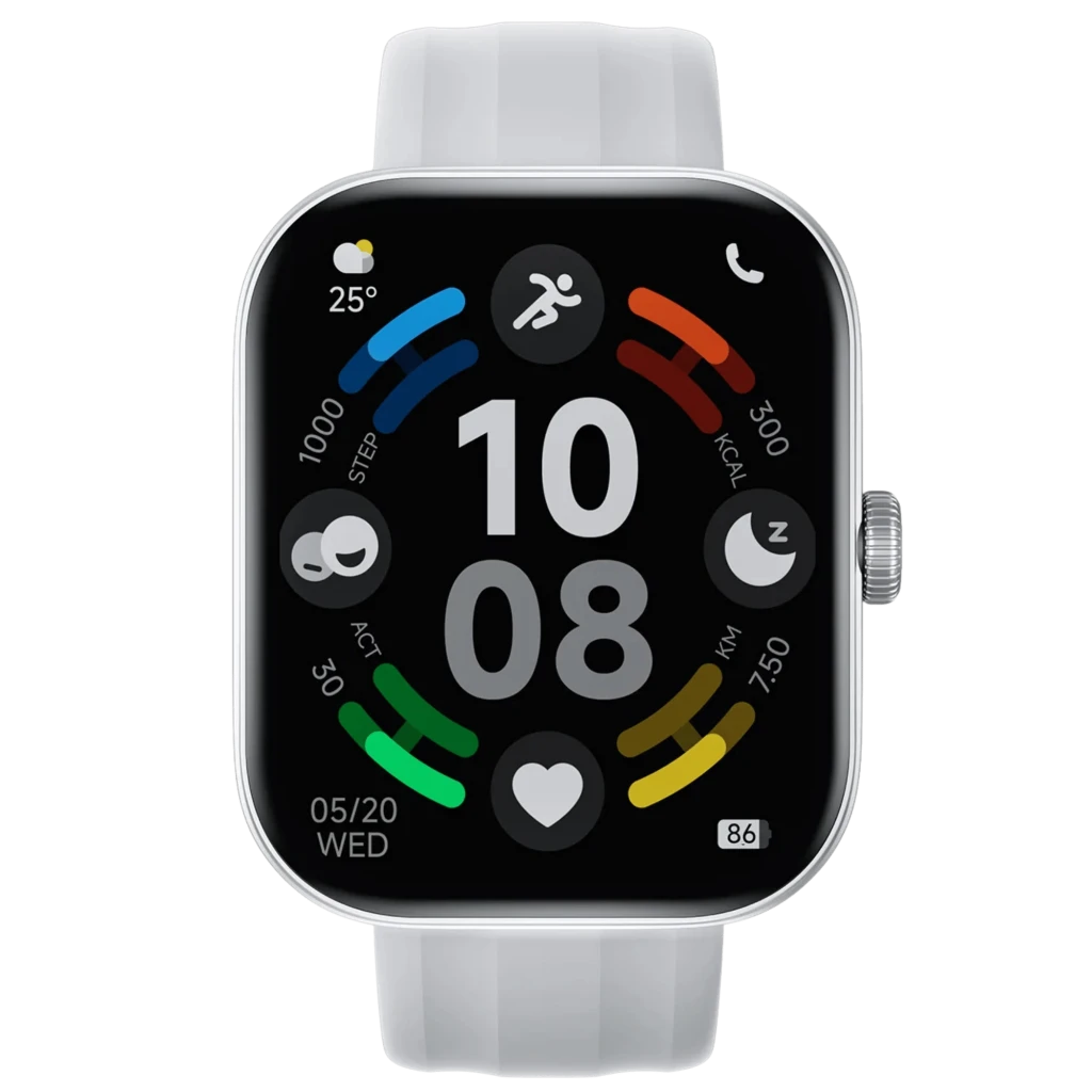 Haylou Watch Faro Plata con caja plateada y correa blanca; pantalla rectangular a color con widgets de pasos, calorías, ritmo cardiaco y llamadas Bluetooth