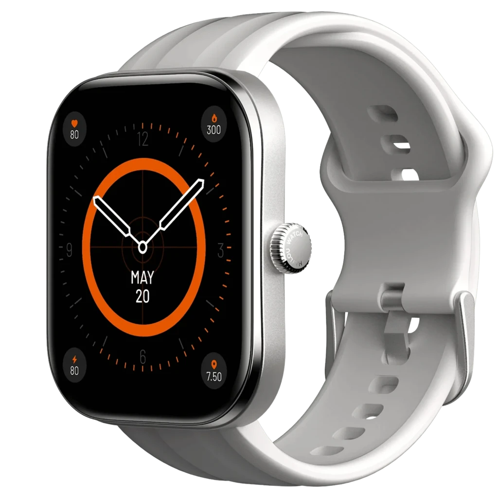 Haylou Watch Faro Plata con caja metálica plateada y correa de silicona gris; pantalla rectangular a color con esfera negra y acentos naranjas