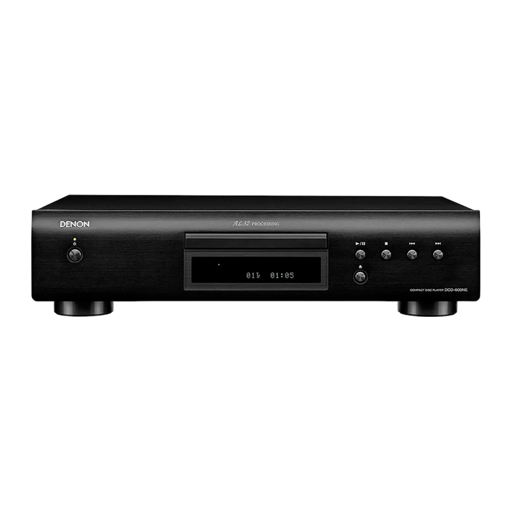 Denon Reproductor CD DCD-600NE negro, vista frontal: panel con ranura de disco, display digital y botones de control