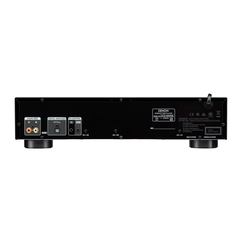 Denon Reproductor CD DCD-600NE negro, vista trasera: conectores RCA, salida óptica digital e IR control visibles