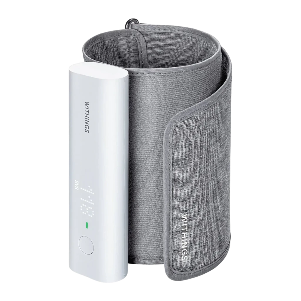 Nokia Tensiómetro BPM Connect Wi-Fi blanco, vista frontal: módulo blanco con pantalla LED y manguito gris desplegado