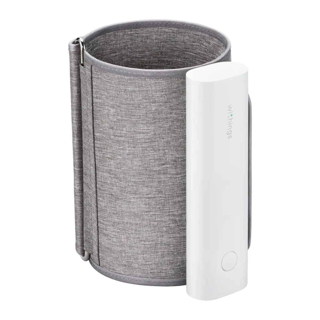 Nokia Tensiómetro BPM Connect Wi-Fi blanco, vista lateral derecha: manguito gris abierto en forma cilíndrica con módulo