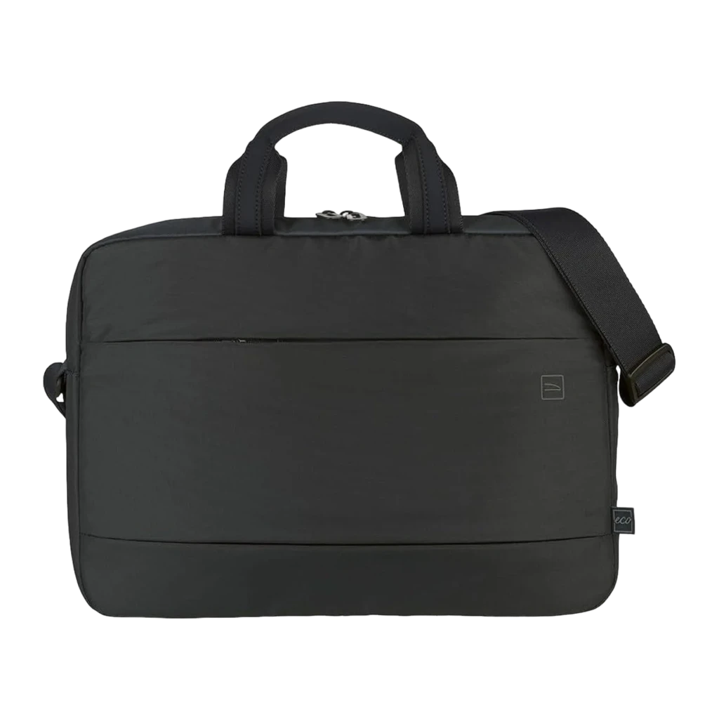 Tucano Global Notebooktasche 15.6-16 noir, vue avant: double poignée, bandoulière latérale et logo eco sur tissu lisse
