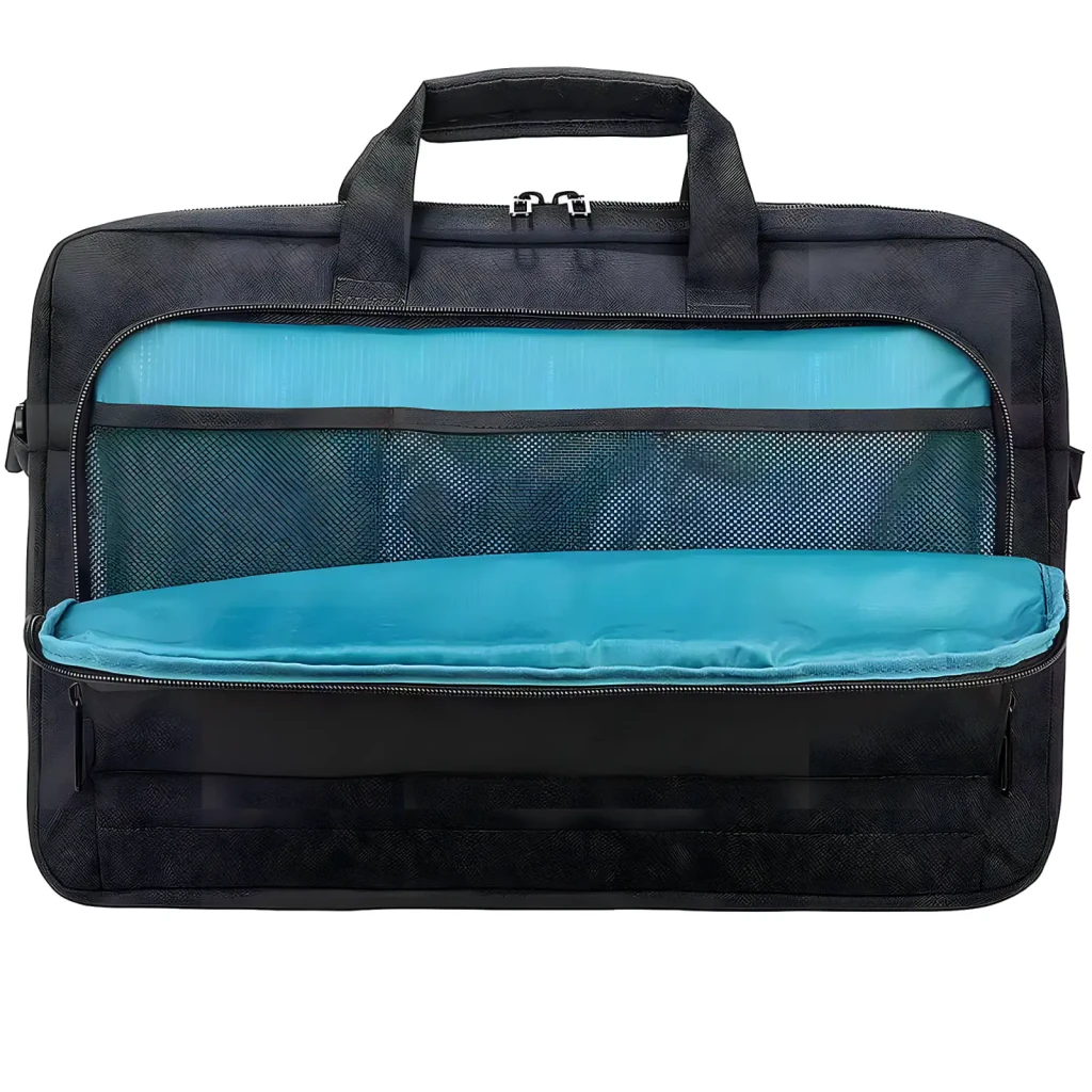 Tucano Maletín Star 15,6" Negro, interior abierto: compartimento acolchado azul turquesa y bolsillo de malla
