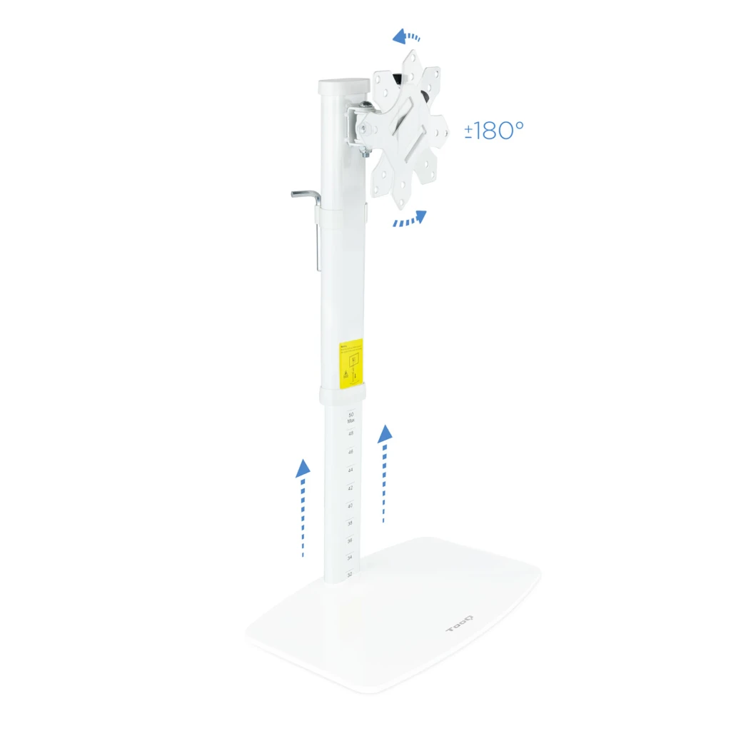 TooQ DB1127TN-B Brazo Monitor 17-27 pulgadas Blanco, vista lateral: ajuste de altura y rotación ±180° con flechas indicadoras