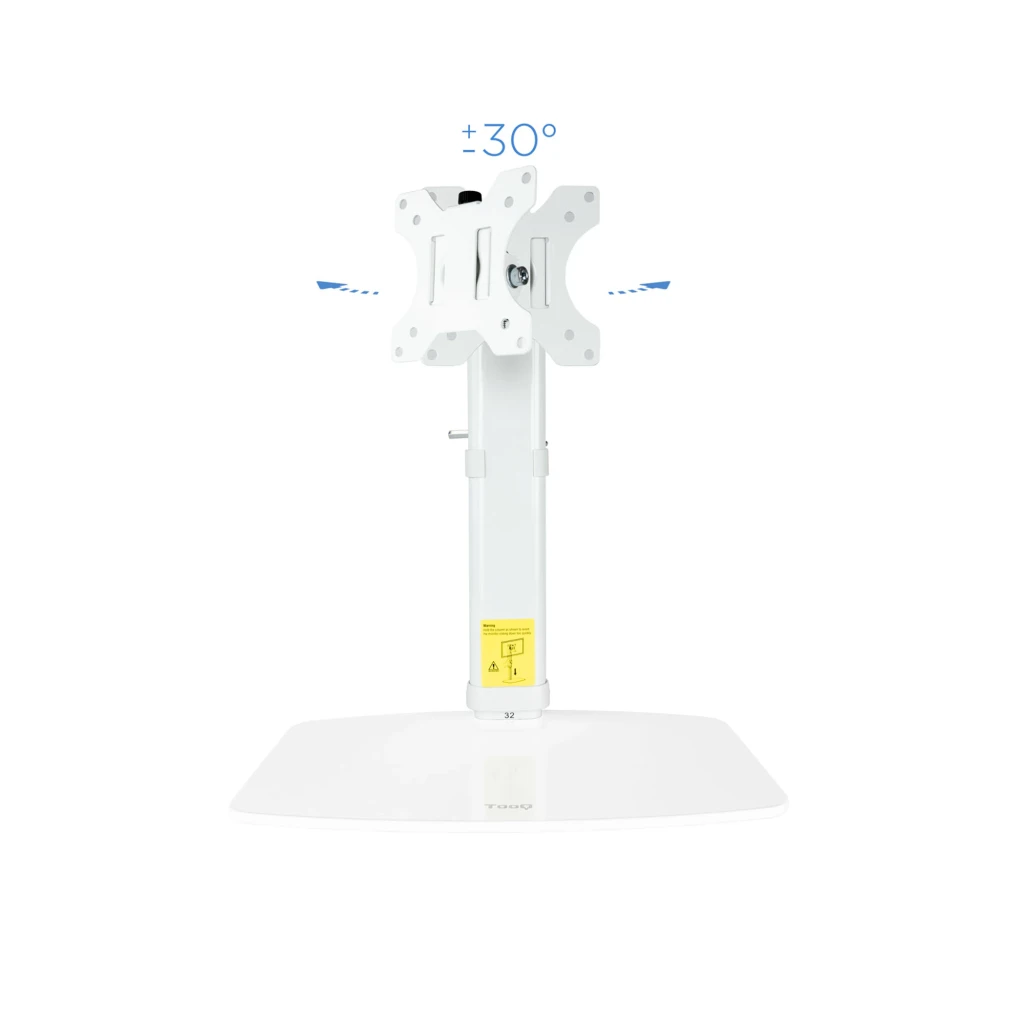 TooQ DB1127TN-B Brazo Monitor 17-27 pulgadas Blanco, vista frontal: rotación ±30° con flechas, soporte VESA y base blanca