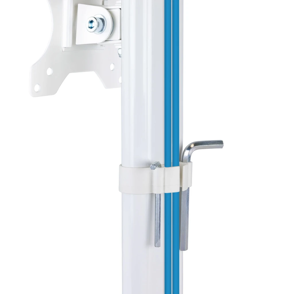 TooQ DB1127TN-B Brazo Monitor 17-27" Blanco, detalle: columna blanca con ranura azul, abrazadera y llave Allen incluida