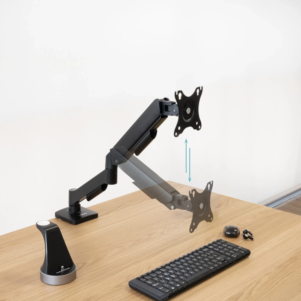 TooQ Support moniteur DB1733TNR-B 17-32" noir, vue latérale: bras articulé sur bureau avec flèche bleue indiquant le réglage