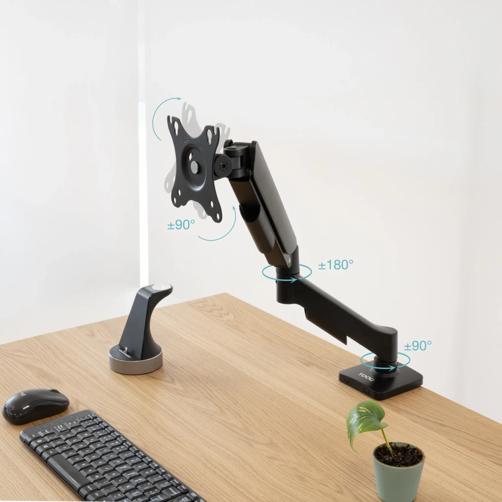 TooQ Support bureau moniteur DB1733TNR-B noir, vue latérale: bras articulé sur bureau avec angles de rotation ±90° et ±180°